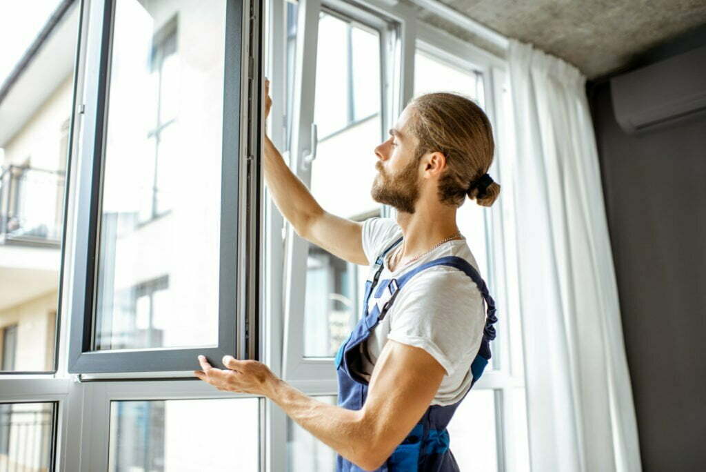 Workman adjusting window frames at home
