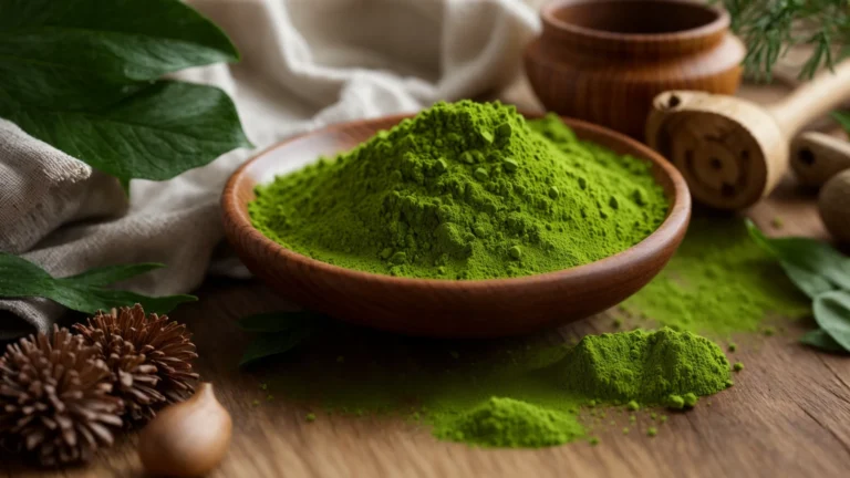 a vibrant green matcha mushroom powder is neatly arranged in a wooden bowl, surrounded by fresh, dewy green leaves, signifying vitality and natural wellness.
