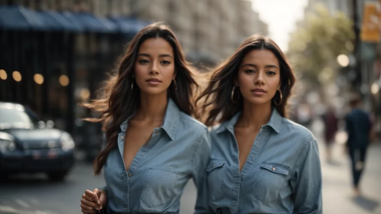 a woman confidently walks down the city street wearing a chic denim shirt paired with elegant accessories.