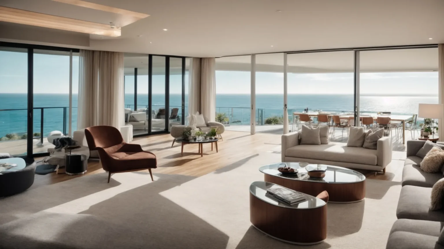 a modern, elegantly renovated living room with panoramic views of the ocean through floor-to-ceiling windows.