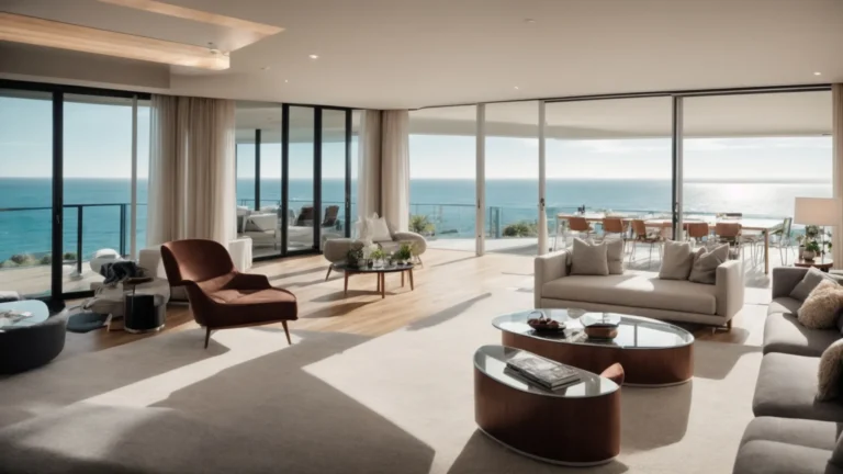 a modern, elegantly renovated living room with panoramic views of the ocean through floor-to-ceiling windows.