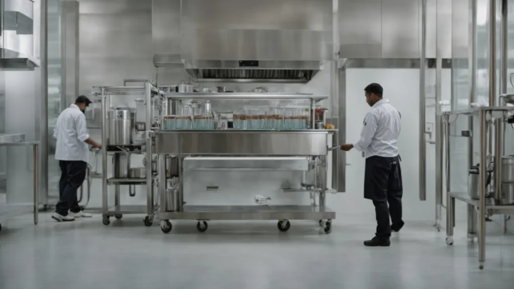 a commercial kitchen with employees filling large, transparent containers with water from a sleek, wall-mounted purification unit.