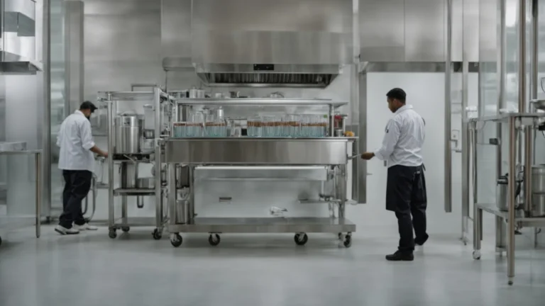 a commercial kitchen with employees filling large, transparent containers with water from a sleek, wall-mounted purification unit.