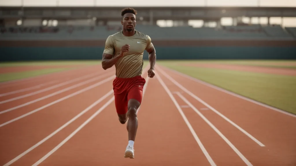 a man in sports pants strides confidently on a running track, embodying athletic readiness.