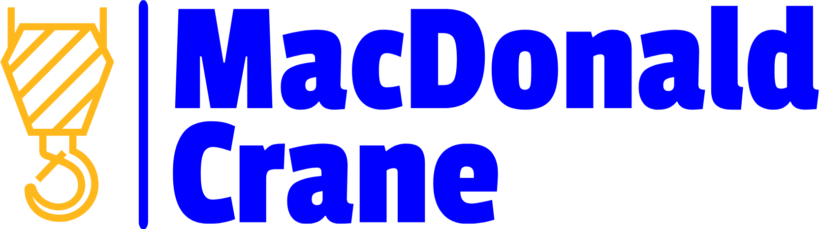 MacDonald Crane logo. Yellow crane hook icon and blue MacDonald Crane text, providing crane services in Boston, MA.