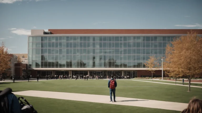 a student is standing in front of multiple university buildings at a college fair, looking thoughtful.