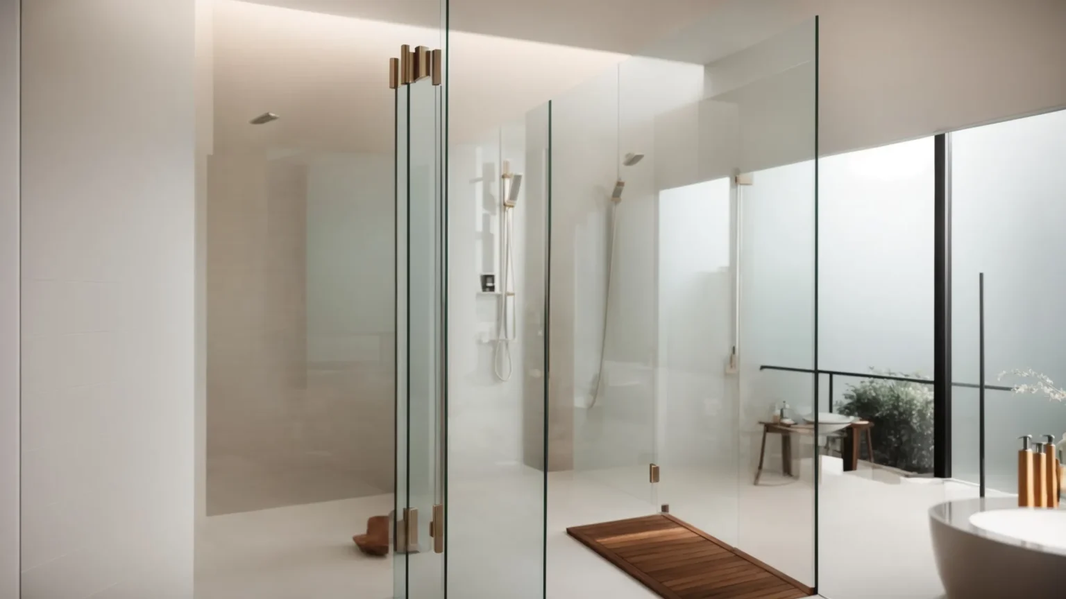 a bathroom with a sleek, newly installed glass shower door reflecting the light.