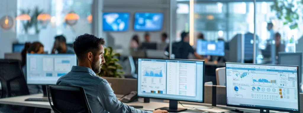 a busy office with multiple screens showing data connectors and search results, with employees working in the background.
