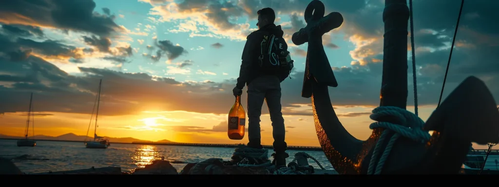 a professional holding a bottle of activated you morning complete while standing next to a large anchor symbolizing strong support and effectiveness.