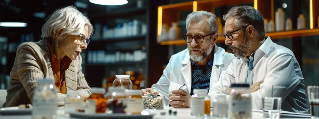 business professionals at a table with various forms of probiotics for dogs in front of them, discussing the best delivery method for maximum benefit.