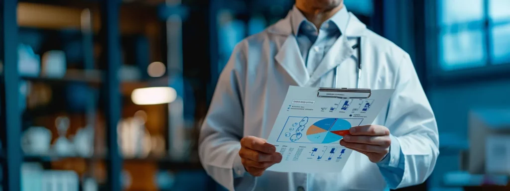 a business professional holding a chart of probiotic strains for canine health.