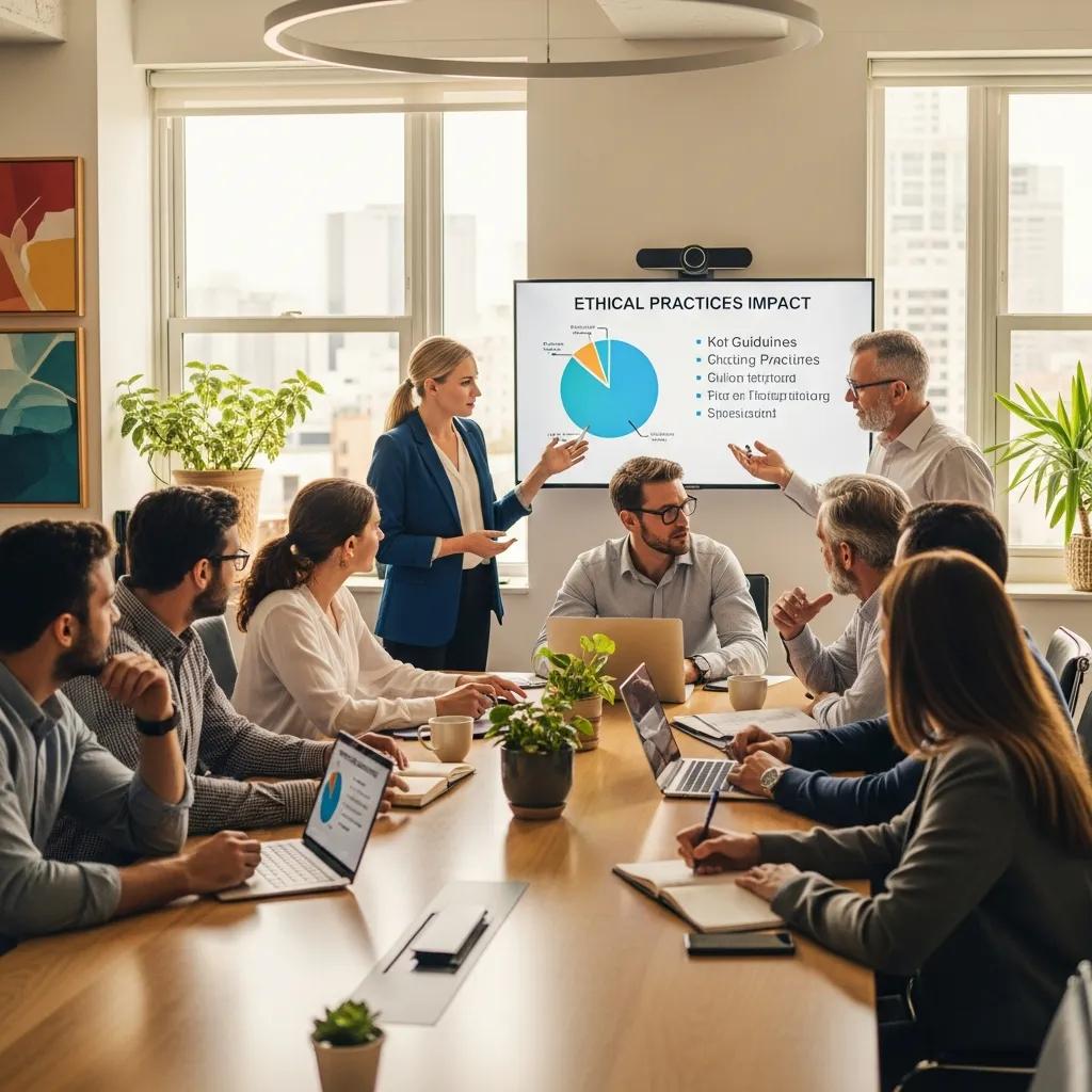 Diverse professionals collaborating on ethical business practices in a modern office
