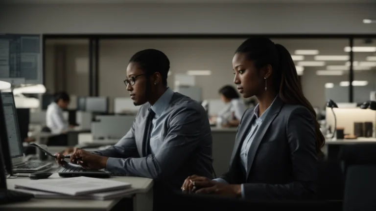 a side by side comparison of two office workers using different computer search tools to find business information.