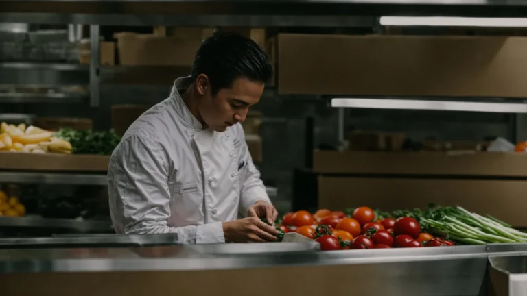 a chef in a professional kitchen thoroughly inspecting a shipment of fresh produce labeled "roundhouse provisions".