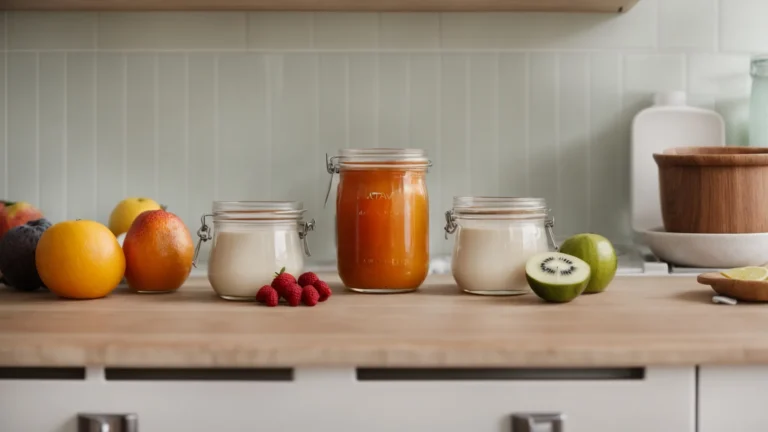 two jars labeled "activated you morning complete" and "other morning supplements" placed side by side on a kitchen counter with a glass of water and fruits in the background.