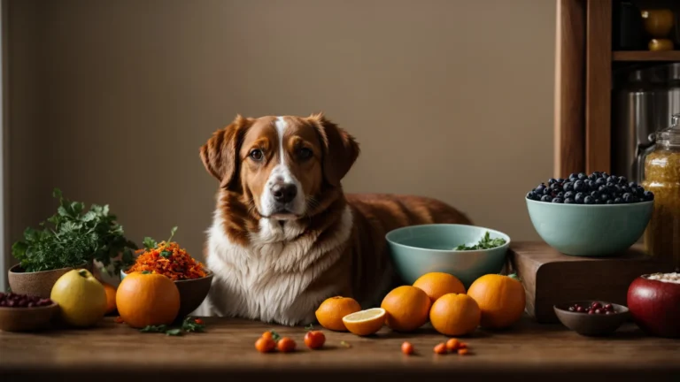 a dog sitting patiently beside a bowl filled with a variety of colorful, natural foods.