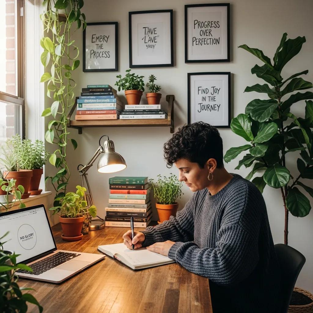 Individual journaling in a cozy workspace, highlighting practical applications of the No Glory Philosophy